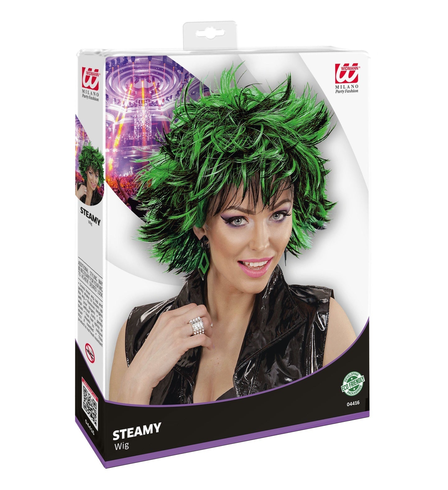 Black and green synthetic disco wig in Widmann Steamy packaging.