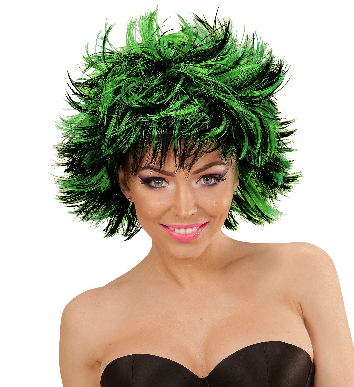 Black and green synthetic disco wig with steamy, voluminous style on a model.