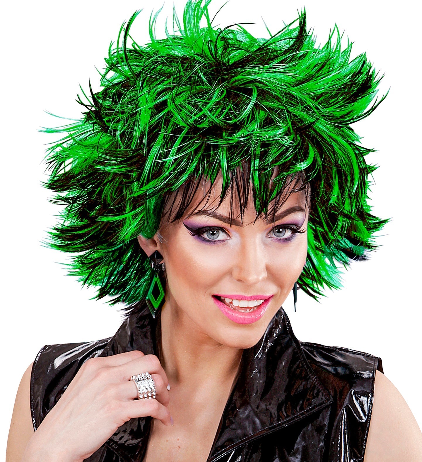 Black and green synthetic disco wig with steamy, wavy style on a model.