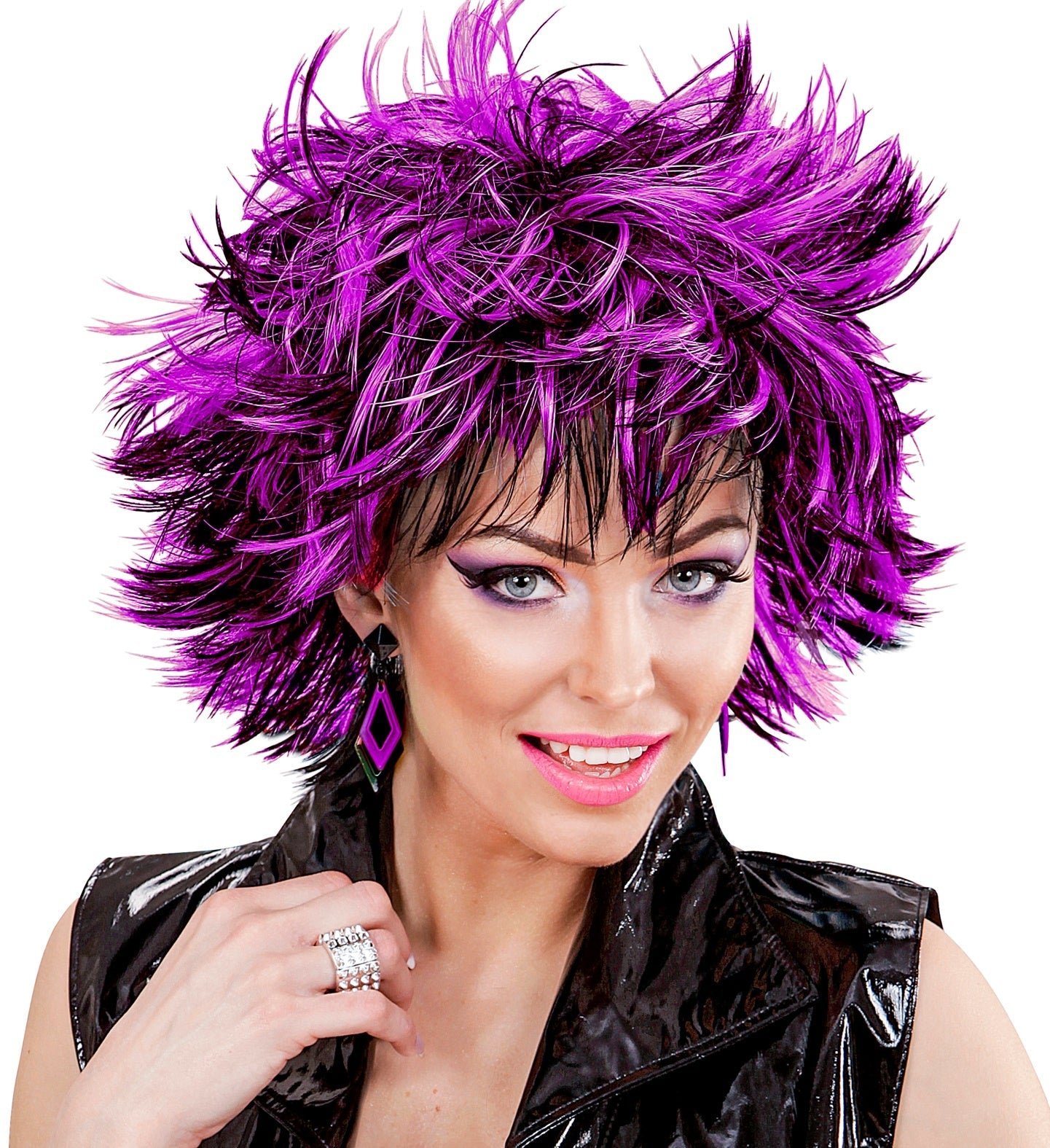 Women's black and purple 80s-style disco wig with voluminous, feathered layers.