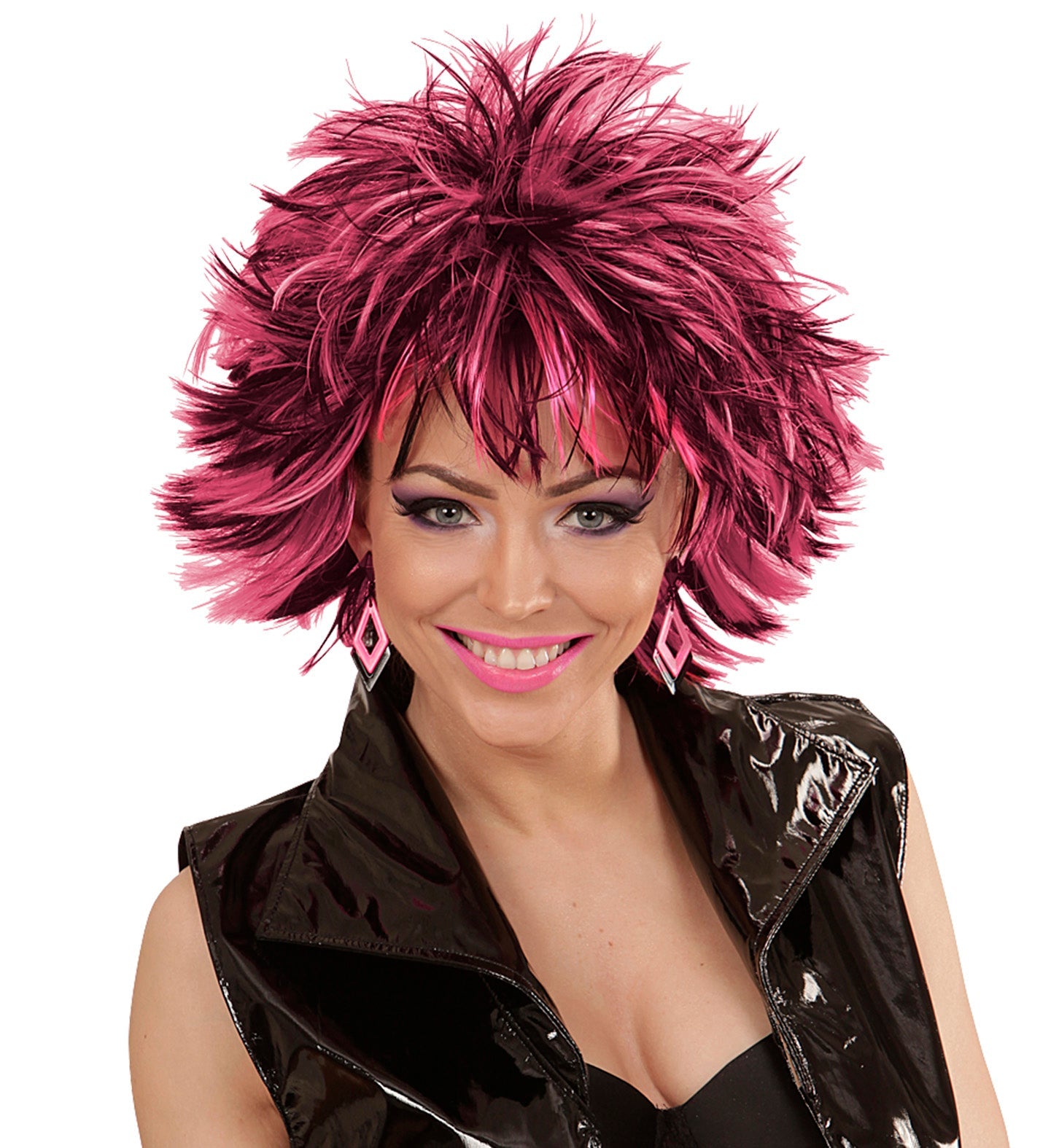 Damen-Disco-Perücke in Schwarz und Pink aus Kunstfaser mit steilem Styling.