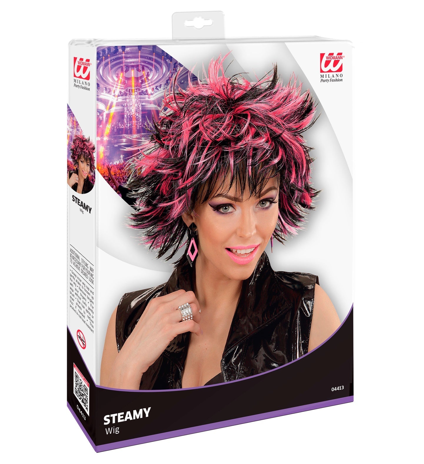 Widmann Steamy Disco Wig for women in black and pink synthetic fibers on packaging.
