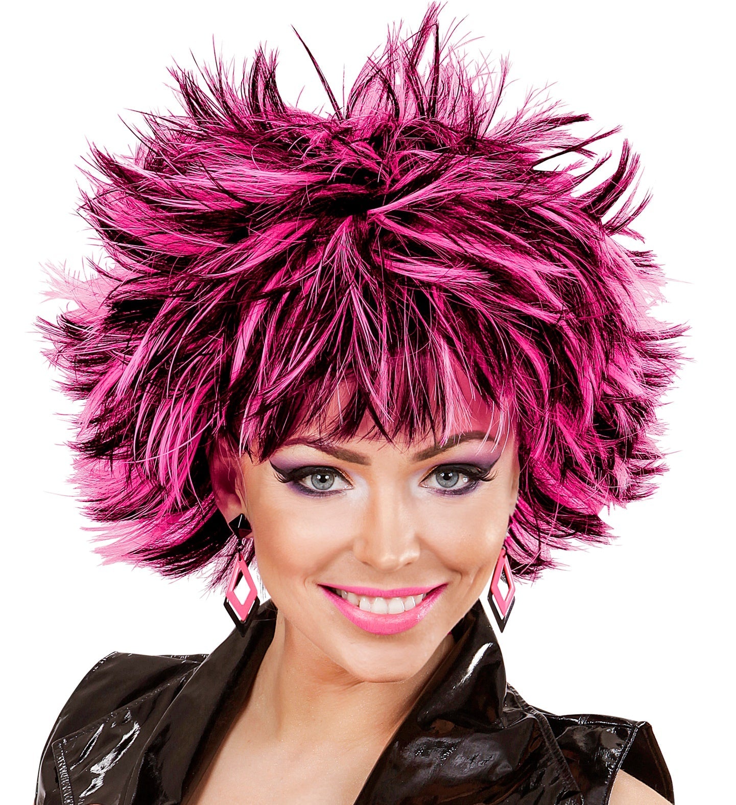 Damen-Disco-Perücke in Schwarz und Pink aus Kunstfaser mit steilem Styling.