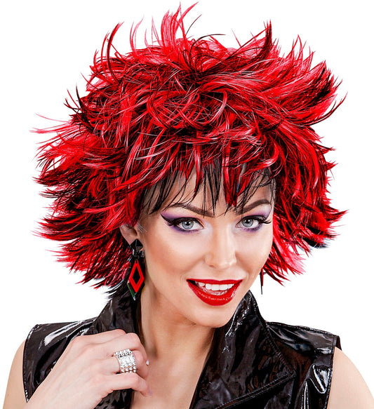Black and red synthetic 80s-style disco wig with voluminous feathered hair.