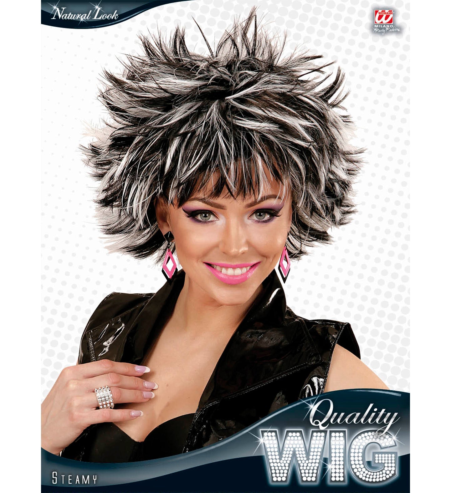 Woman wearing a black and white streaked bob wig with tousled style.