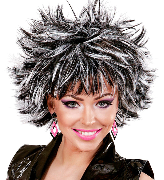 Black and white streaked bob wig for women with tousled disco style.