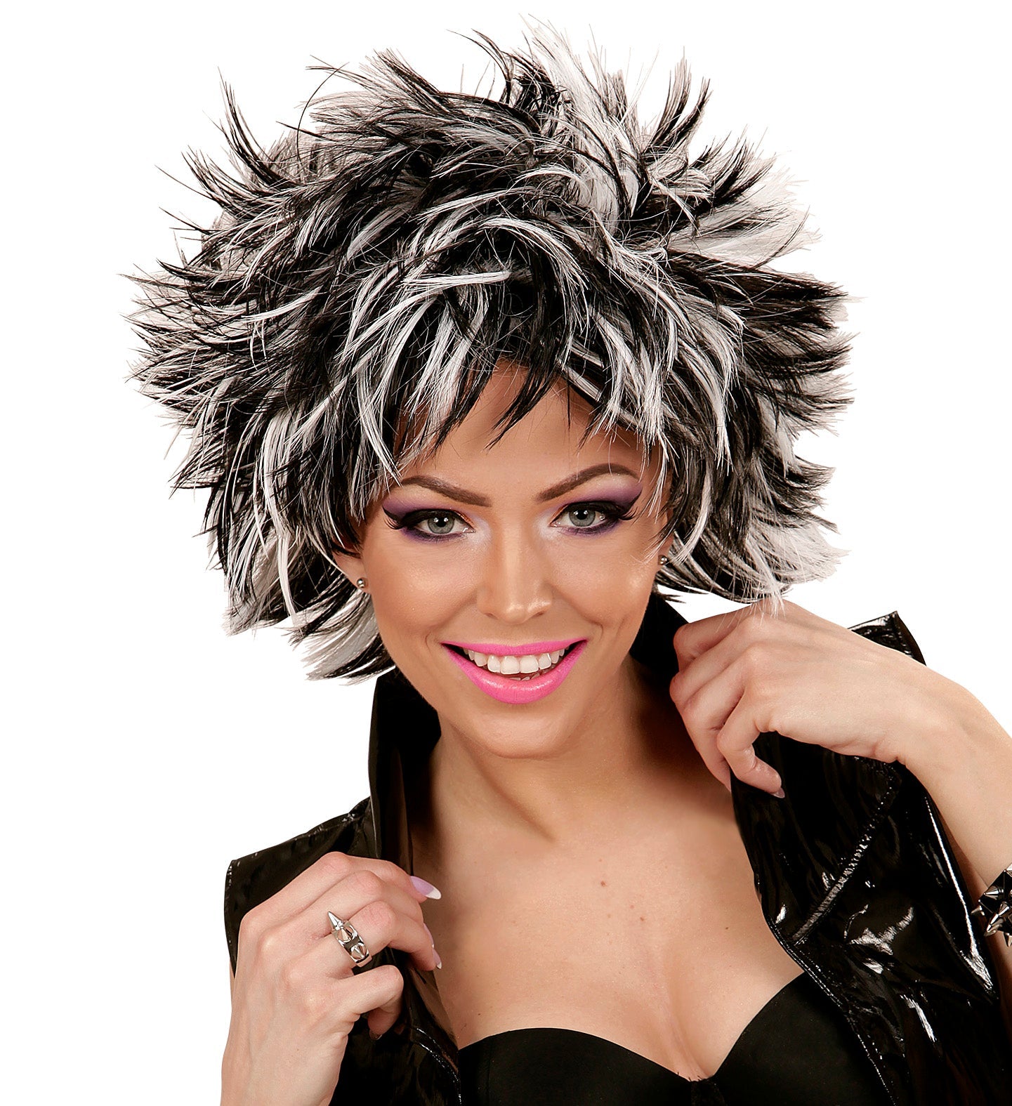 Women's black and white streaked bob wig with tousled style.