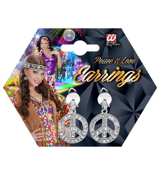 Funkelnde Strass-Hippie-Ohrringe mit Peace-Zeichen in Silber.