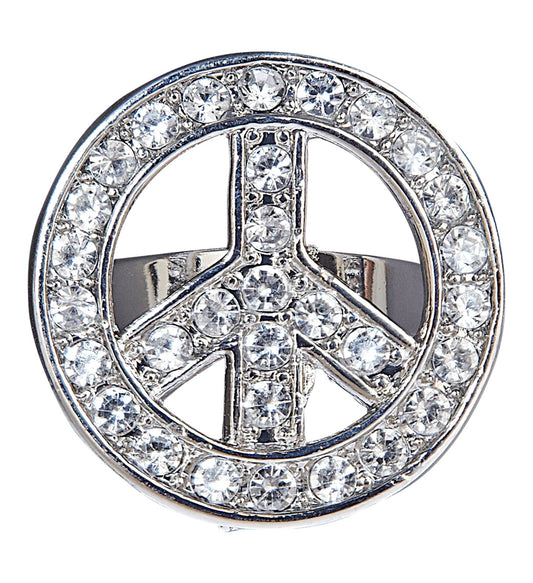 Adjustable silver peace sign ring embellished with sparkling rhinestones.