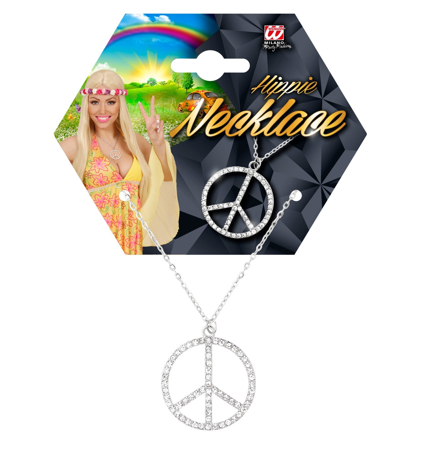 Silberne Strass-Halskette mit 2 cm großem Peace-Anhänger, Länge 38-43 cm.