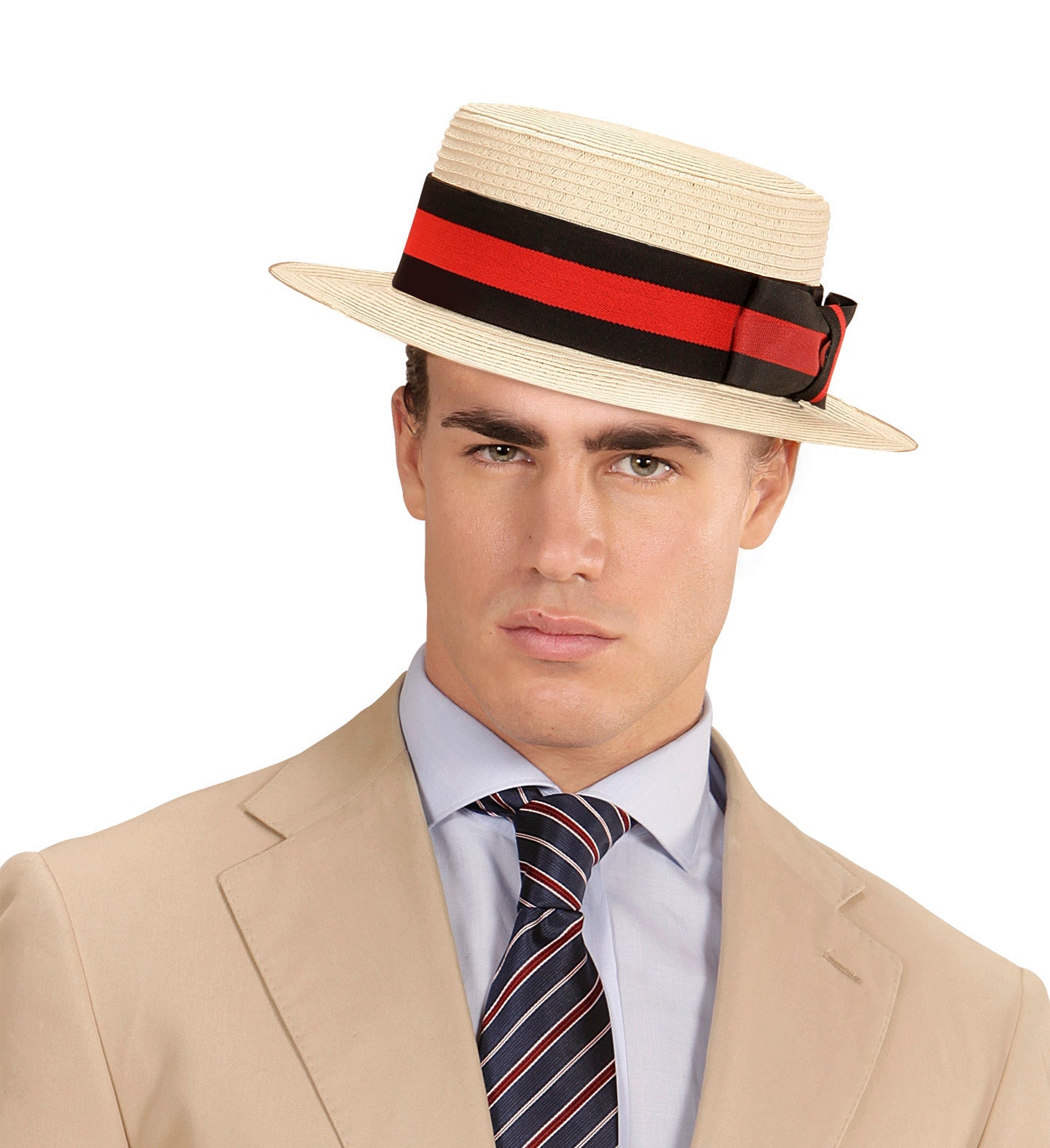 Beiger Strohhut mit schwarzem und rotem Band, ideal für sonnige Tage im Freien.