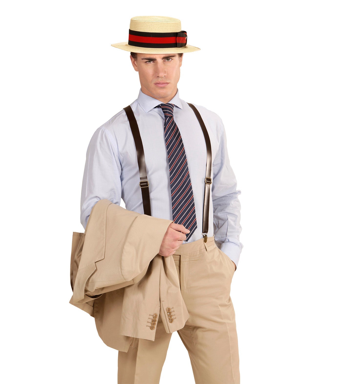 Beiger Strohhut mit schwarzer Schleife und rotem Band aus natürlichem Stroh