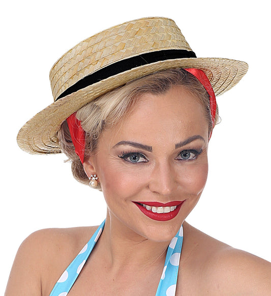 Beiger Strohhut mit schwarzem Band und Schleife, breiter Krempe, Damen-Sonnenhut