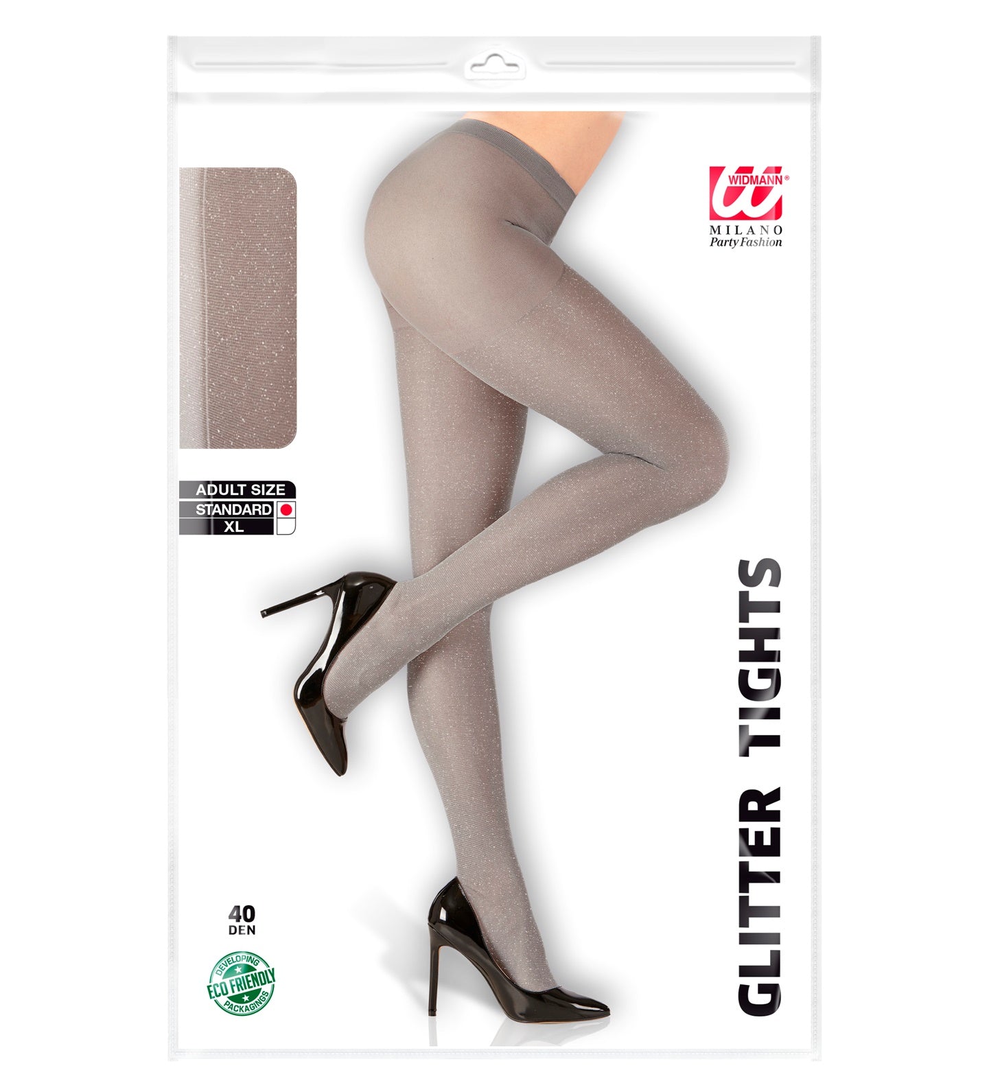 Silver 40 DEN shimmer Lurex deluxe tights in packaging, shown on leg with heels.