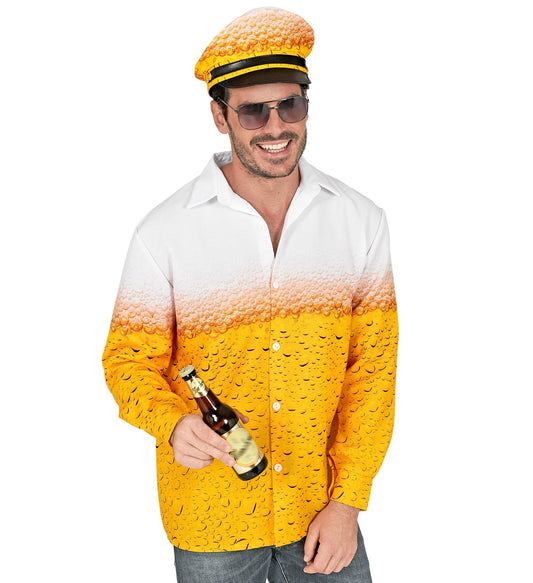 Sommerliches Bier Party Kostümset für Männer mit leichtem Hemd und verstellbarem Hut.