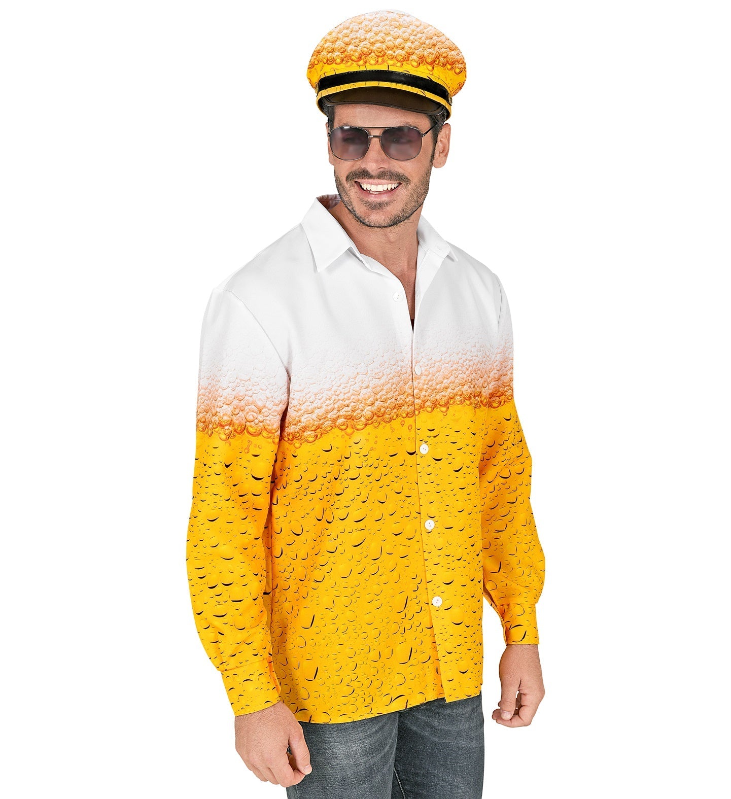 Helles Hemd mit Biergarten-Motiv und passendem Hut für Sommerpartys für Männer.