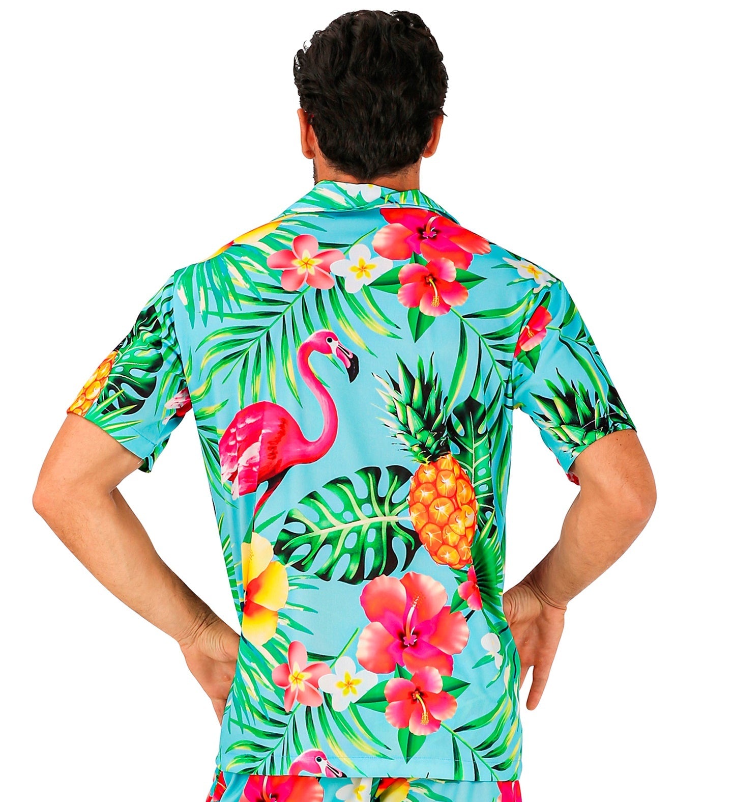 Rear view of a man wearing a blue quick-dry Hawaiian shirt with pink flamingos, green leaves, pineapples, and hibiscus flowers.