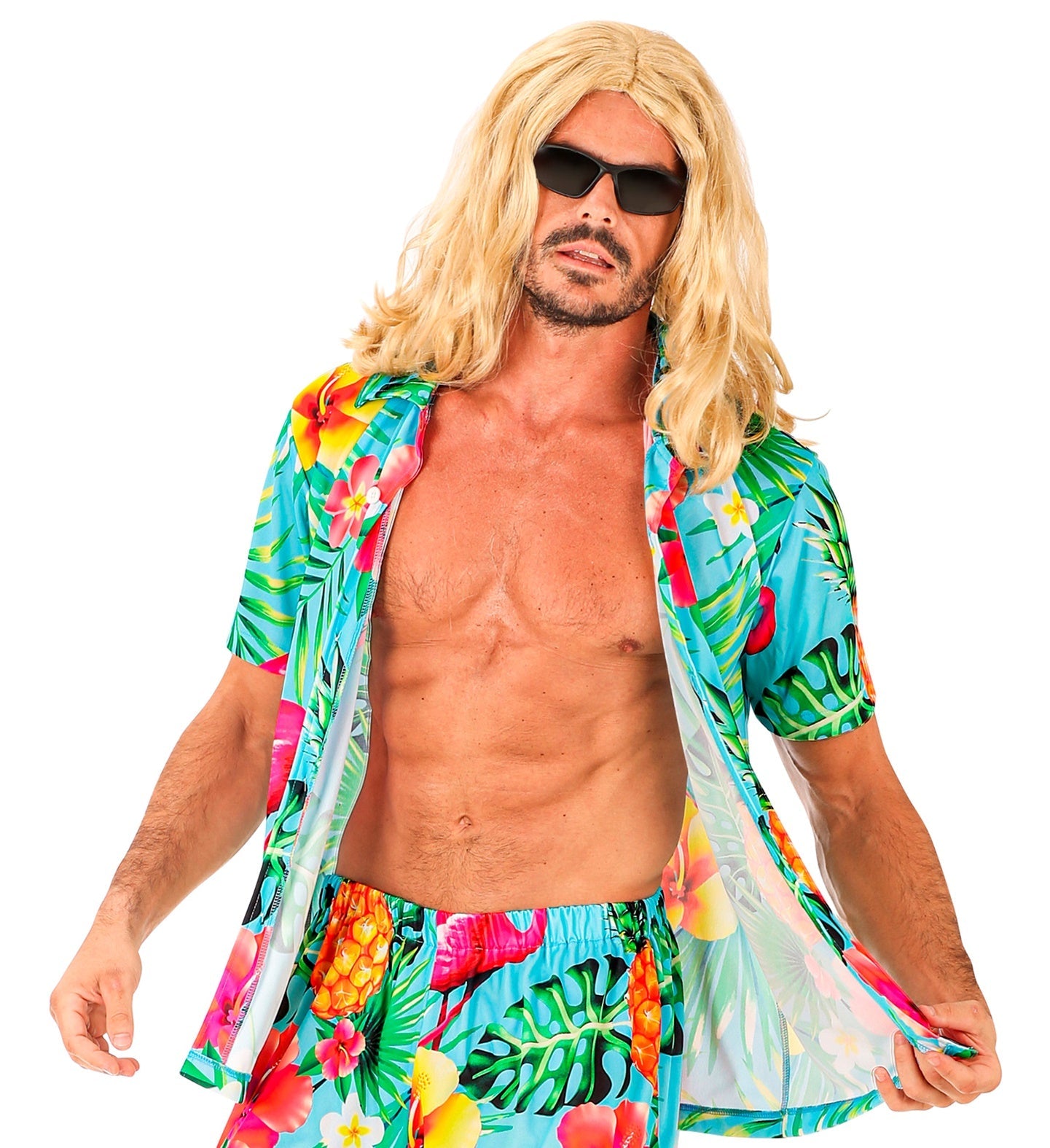 Man in open turquoise Hawaiian shirt with flamingo and floral print, blonde wig, and sunglasses.