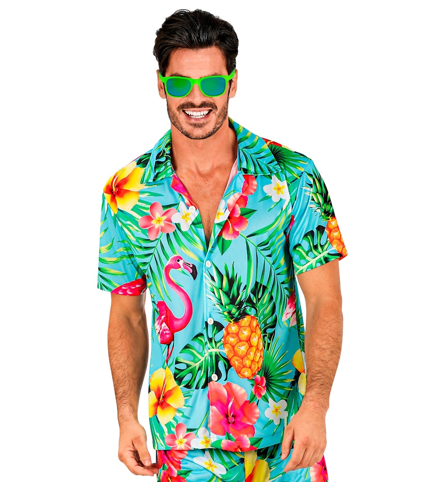 Man in turquoise Hawaiian shirt with flamingos, pineapples, and hibiscus flowers.