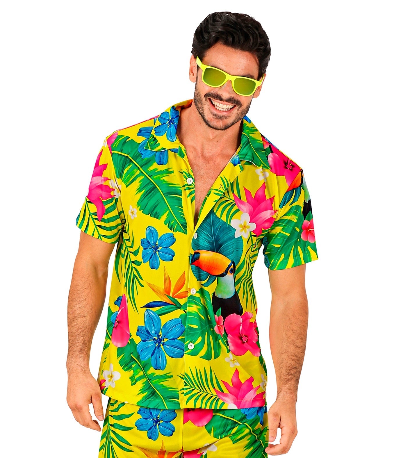 Man in vibrant green Hawaiian shirt with pelican, floral, and leaf print.