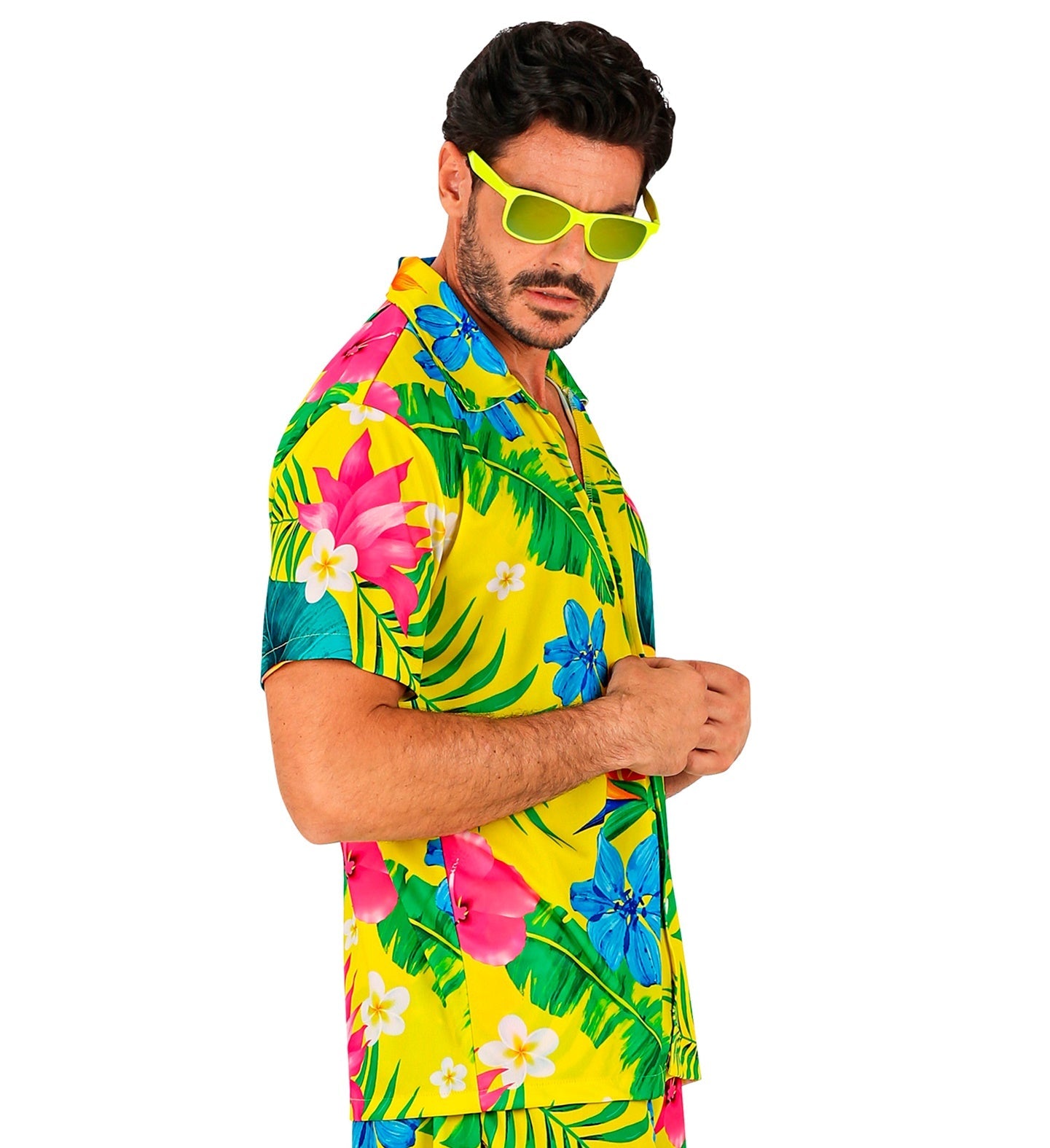 Man in yellow Hawaiian shirt with pink hibiscus and green leaf print, side view.