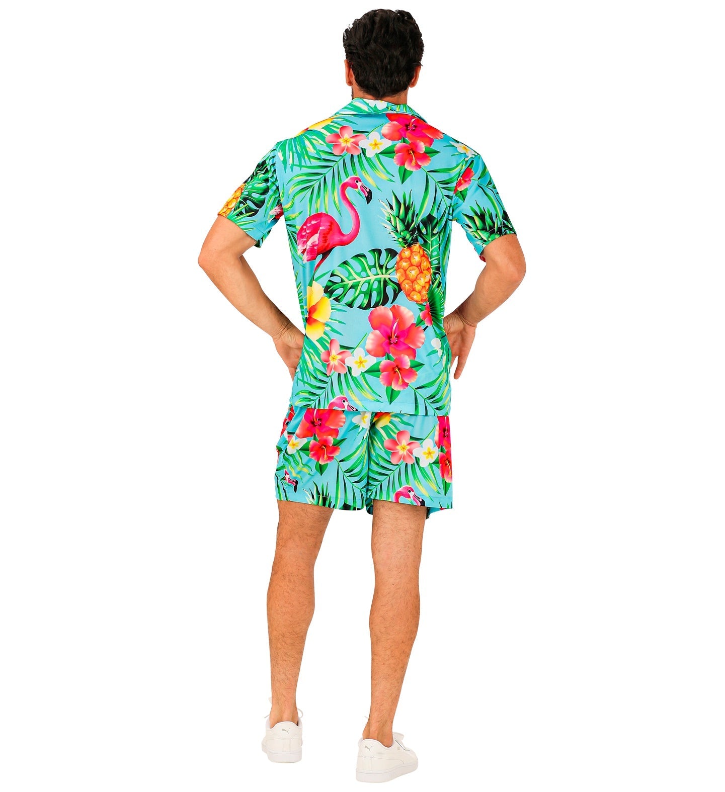 Rear view of man's turquoise Hawaiian shirt and shorts with flamingo, pineapple, and palm prints.