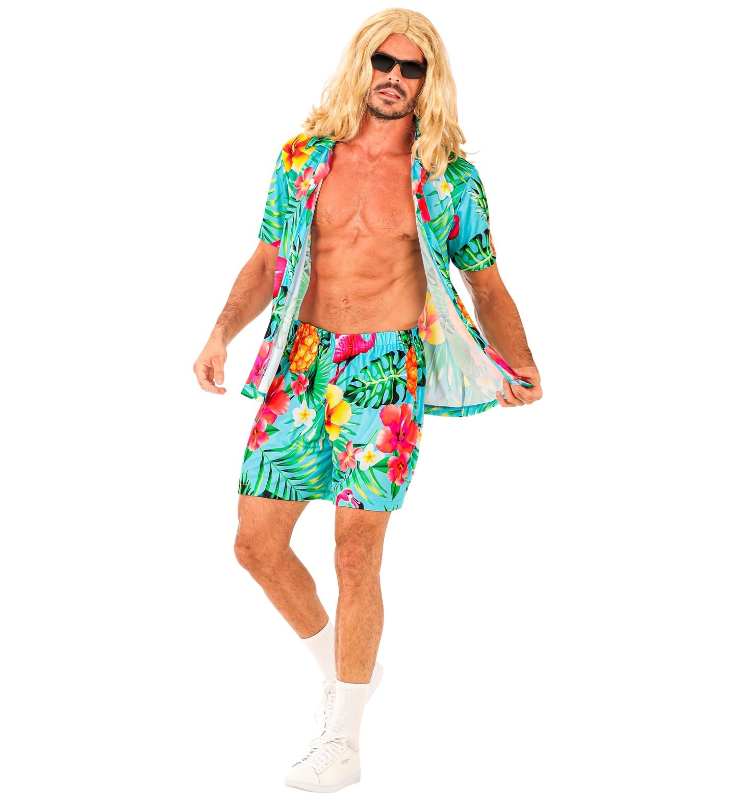 Man in turquoise floral Hawaiian shirt and shorts with pineapples and flamingos, open shirt revealing abs.