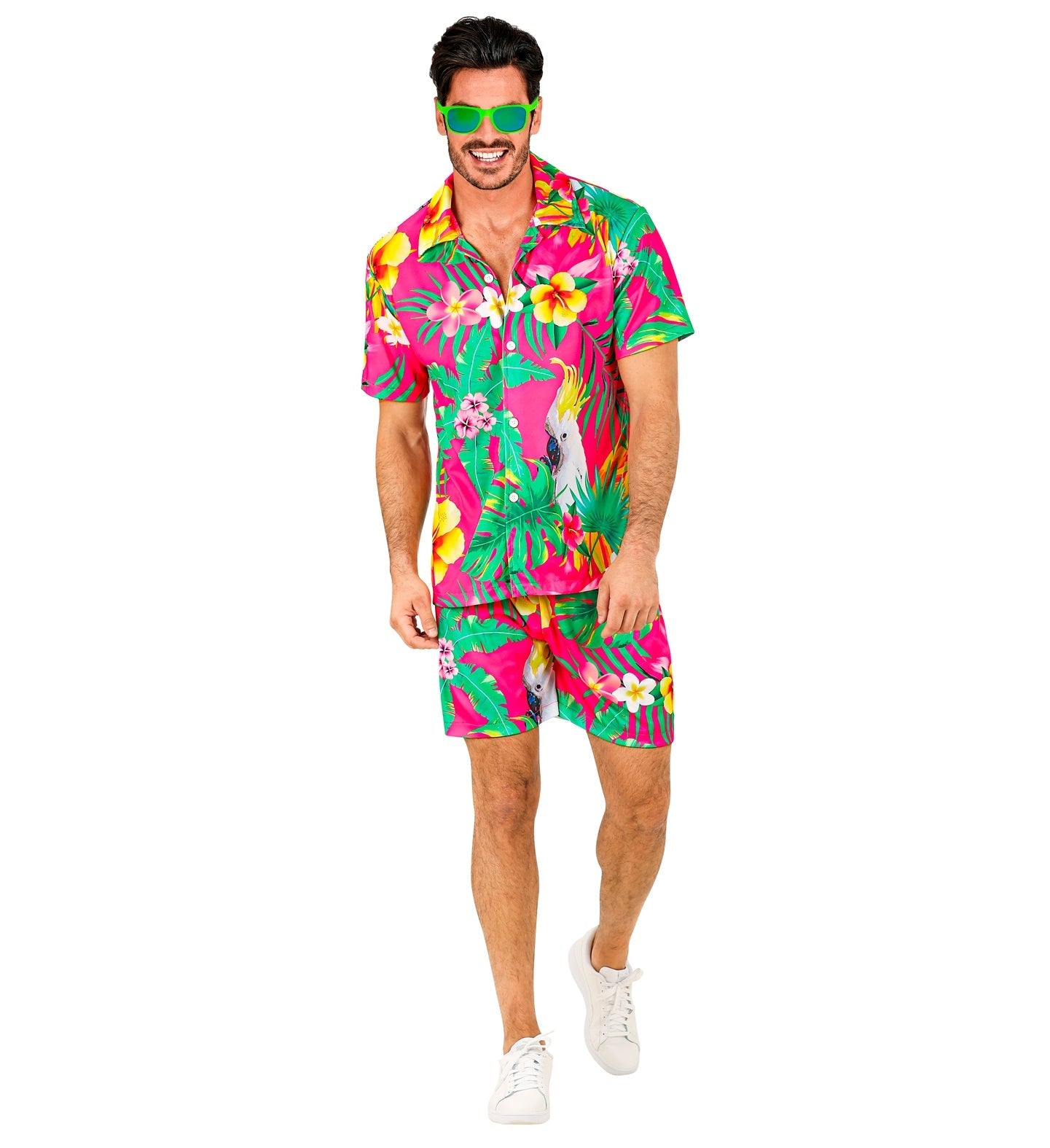 Man in pink tropical Hawaiian shirt and shorts set with floral print, wearing sunglasses.