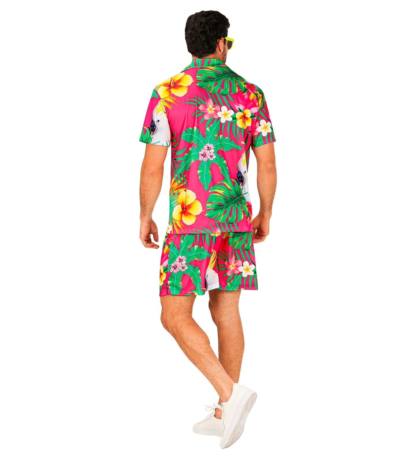 Back view of man in pink tropical Hawaiian shirt and shorts set.