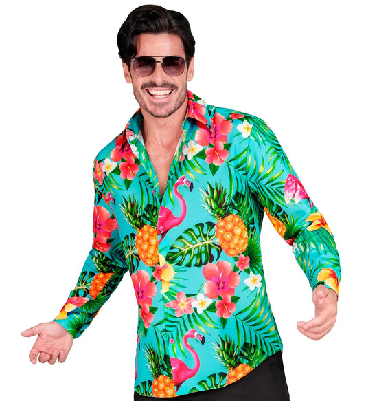 Neonfarbiges Hawaiian-Shirt mit Flamingo-Muster für Männer, ideal für Sommerpartys.