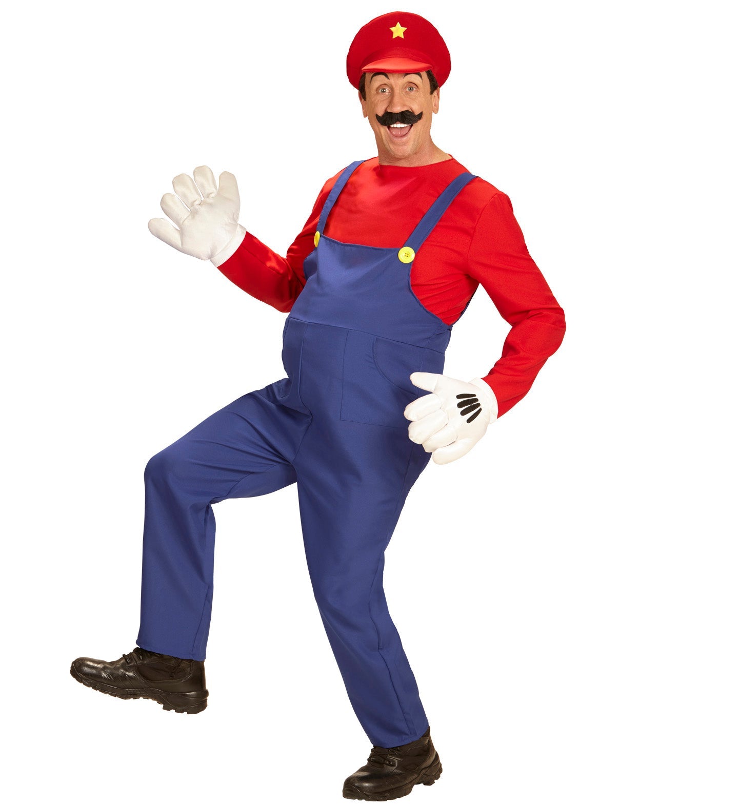 Super Mario Herrenkostüm mit rotem Shirt, blauen Latzhosen und roter Mütze mit "M"-Emblem.