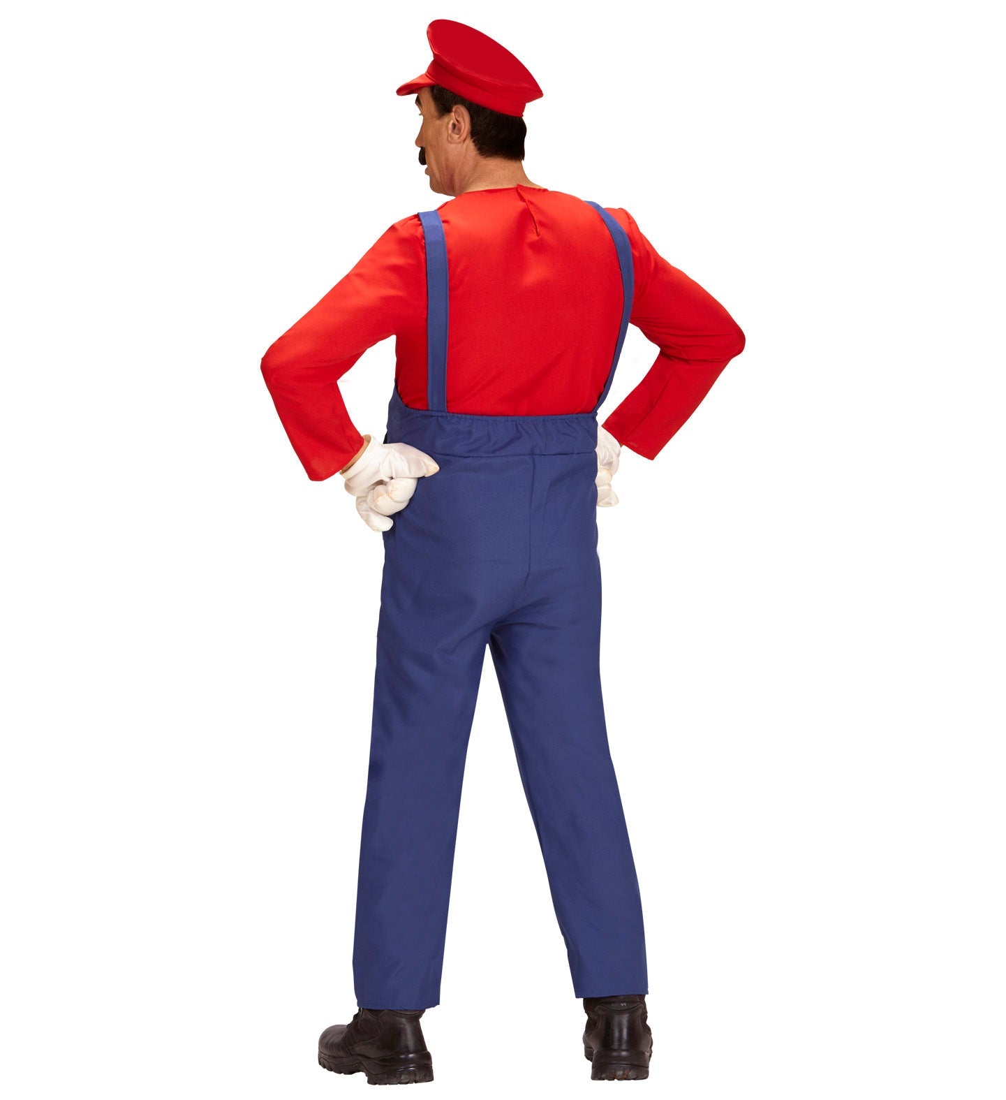Herrenkostüm in Rot und Blau mit Overall, Shirt und roter Mütze im Super Mario Design.