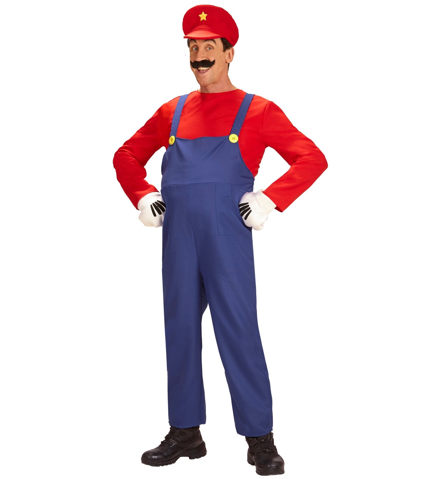 Super Mario Herrenkostüm mit rotem Shirt, blauen Latzhosen und roter Mütze mit "M"-Emblem.