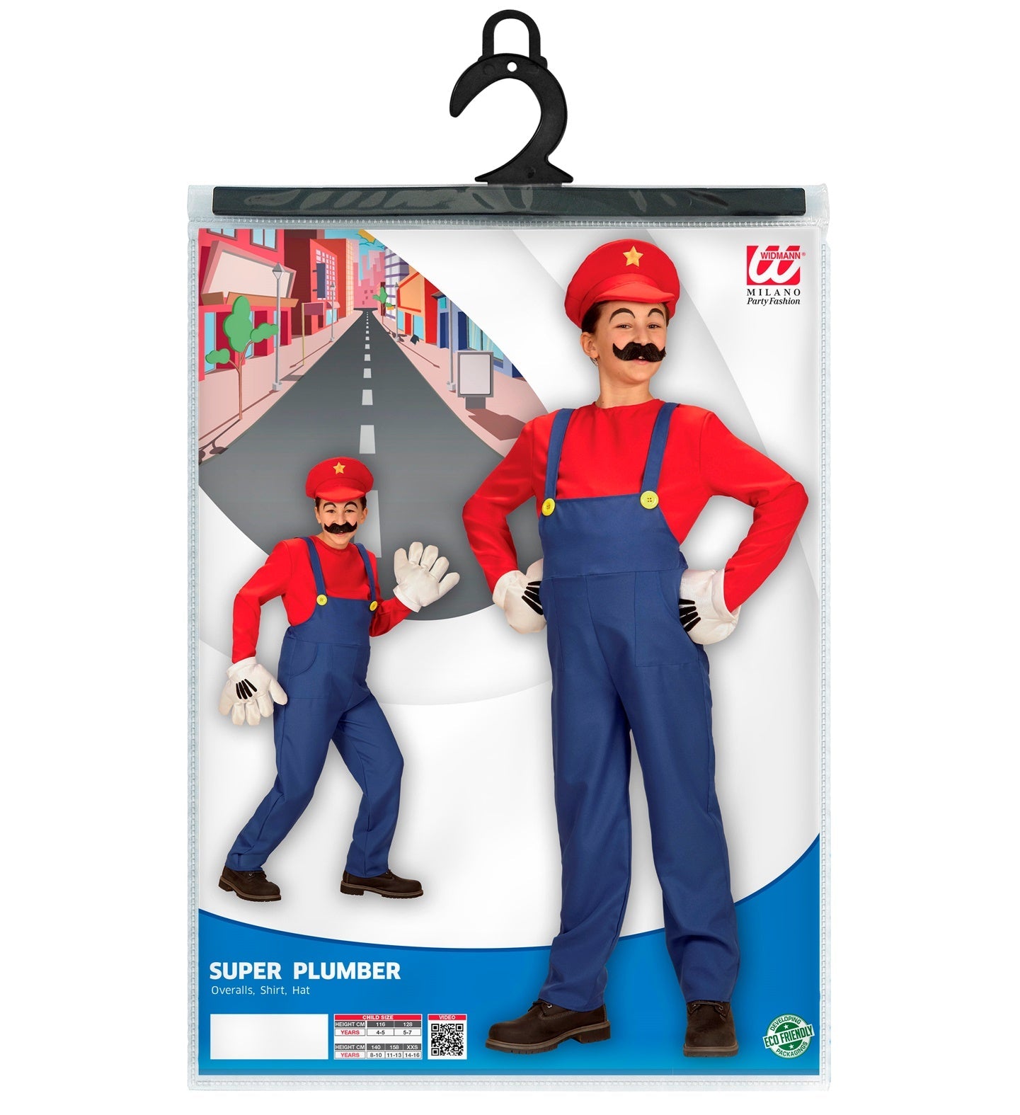 Super Mario Kinderkostüm mit Overall, Shirt und rotem Hut für Jungen und Mädchen.