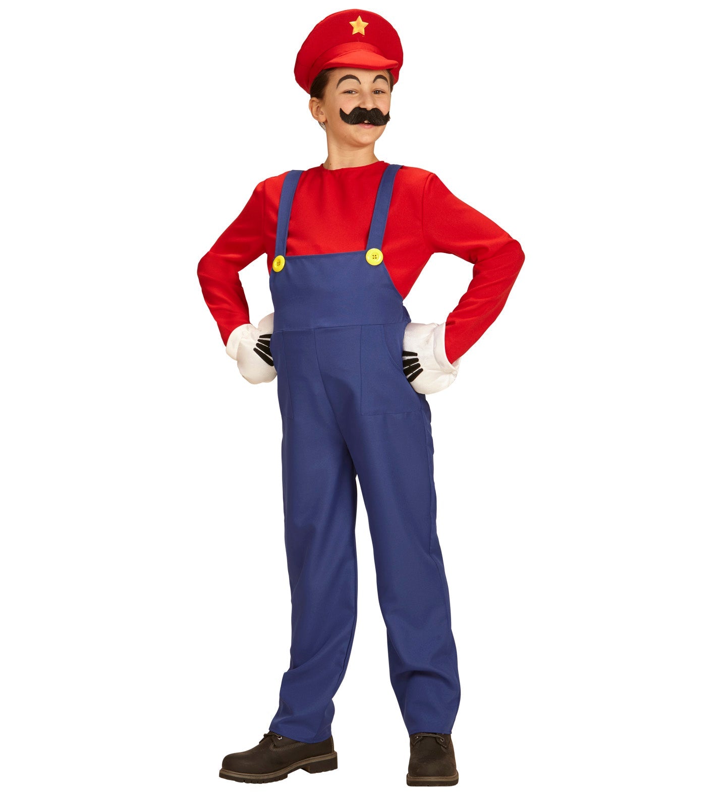 Kinderkostüm Super Mario mit rotem Hut, blauem Overall und rotem Shirt für Jungen und Mädchen
