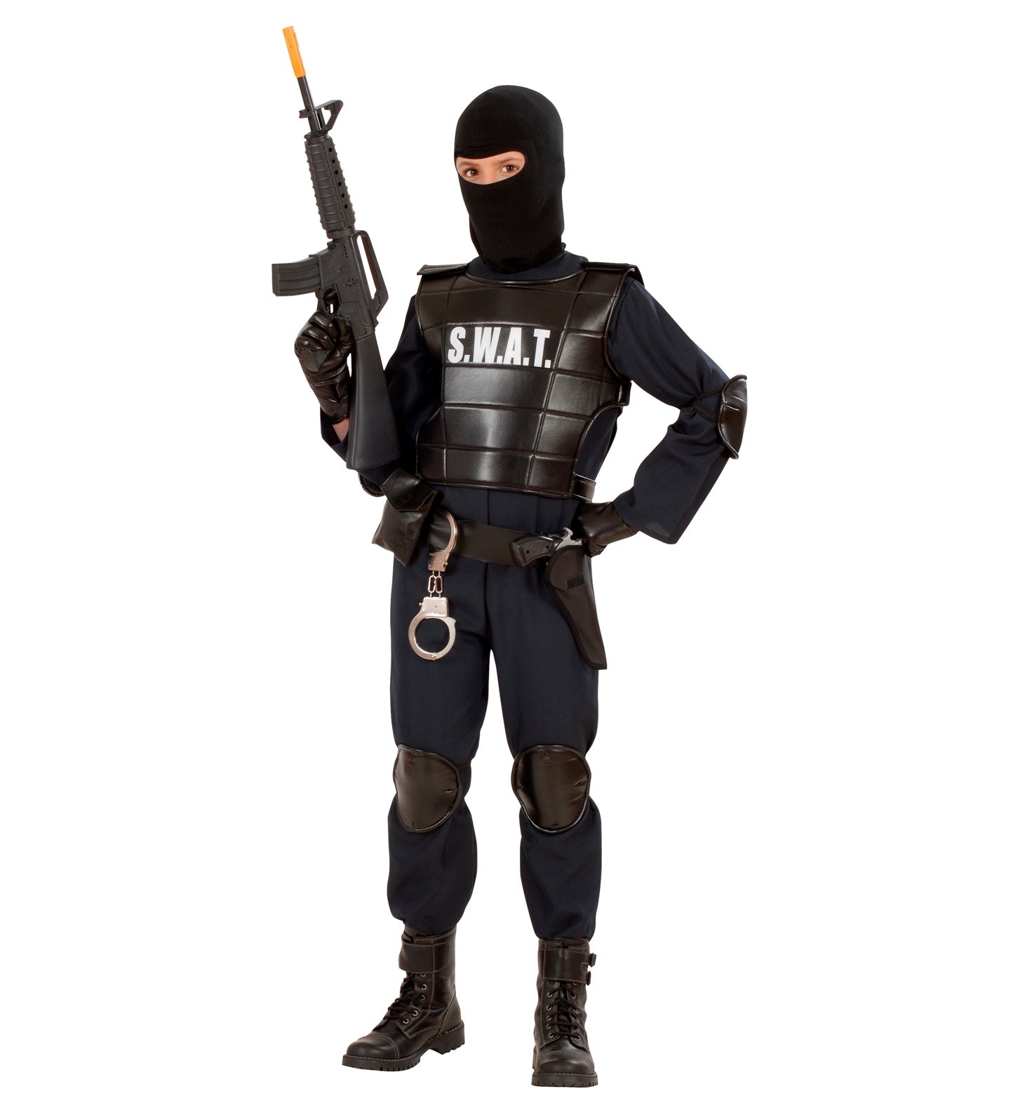 Kid in black SWAT costume with tactical vest, mask, rifle, and pads.