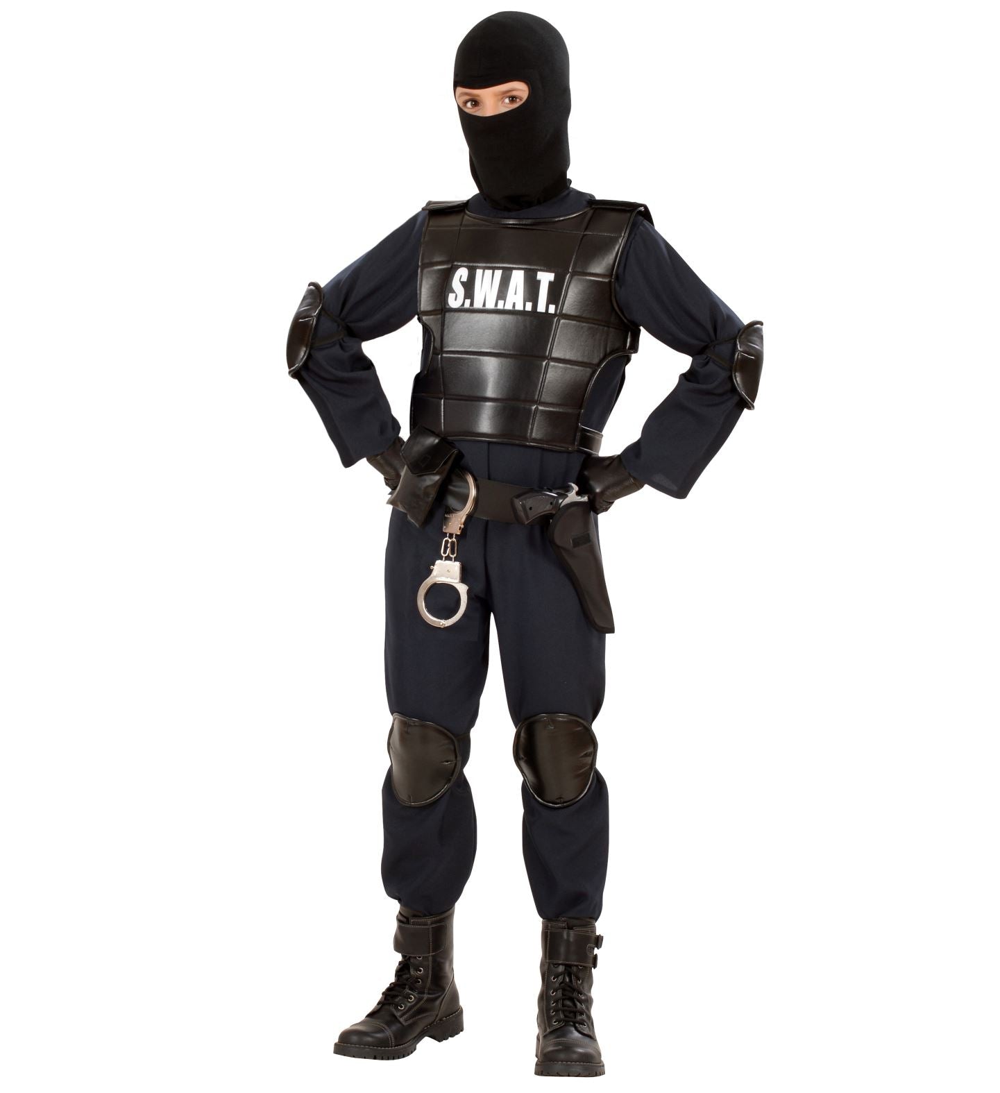 Child in black SWAT costume with tactical vest, pads, mask, holster, and handcuffs.