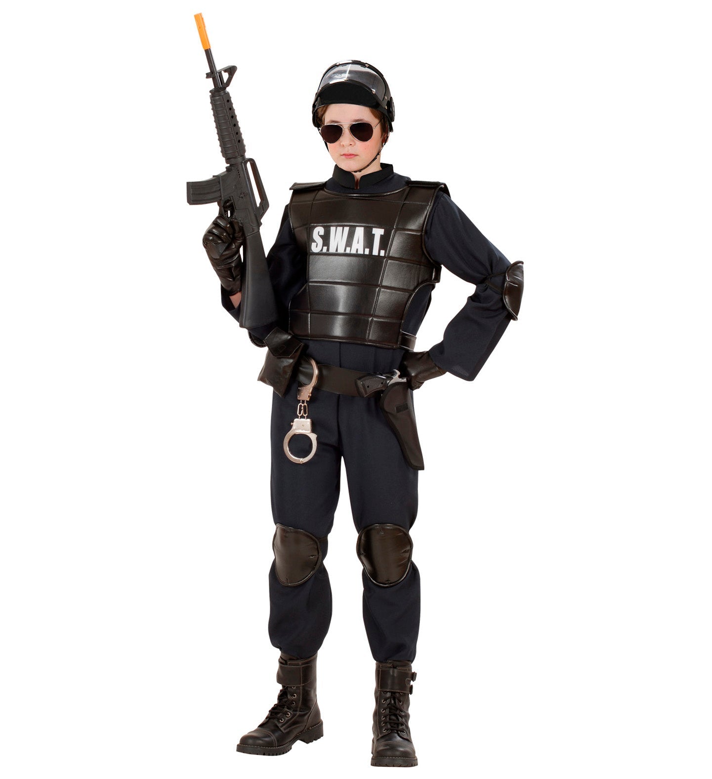 Child in black SWAT costume with tactical vest, toy rifle, mask, and pads.