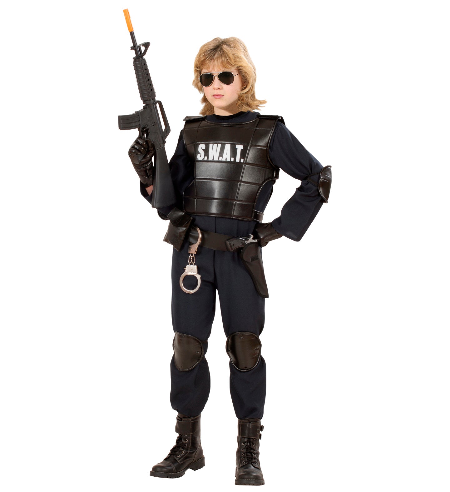 Boy in SWAT costume with tactical vest, toy gun, pads, and mask.