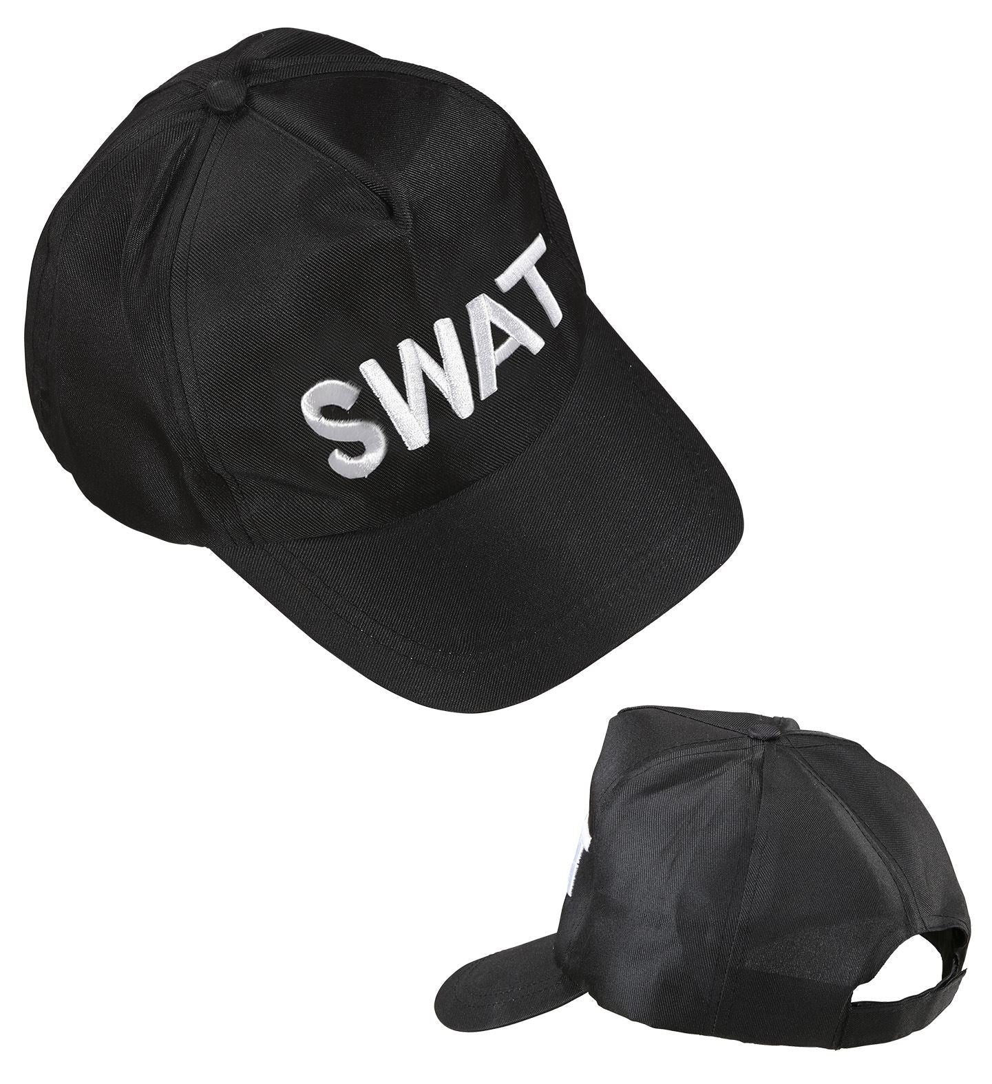 Black adjustable SWAT baseball cap with white embroidery on cotton fabric.