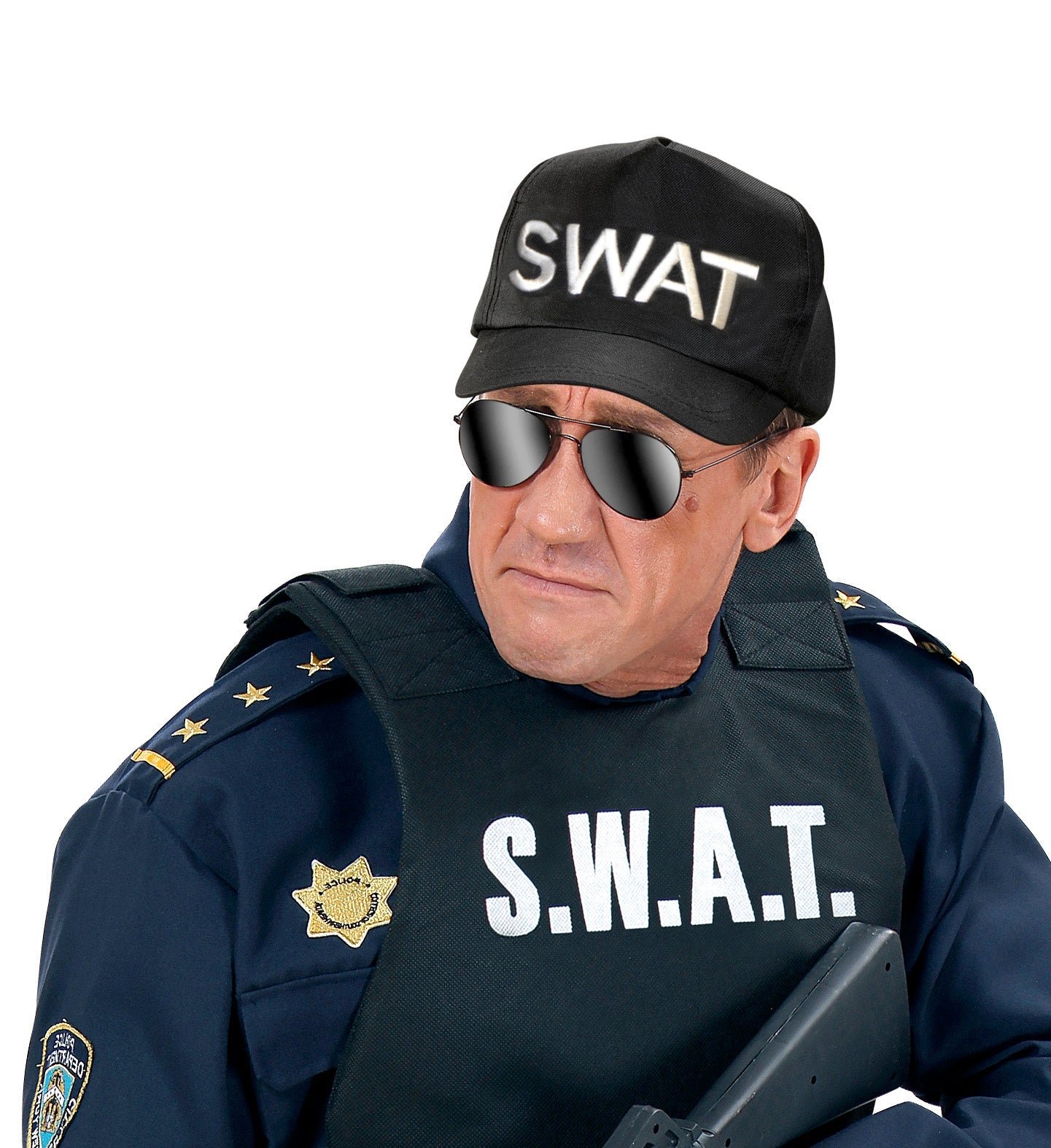 Adjustable black cotton SWAT police hat with embroidered lettering.