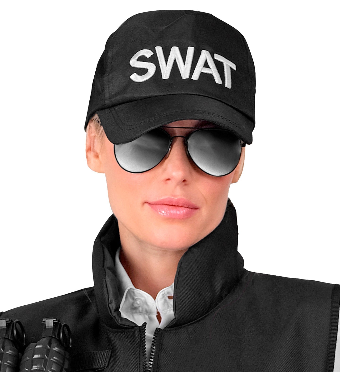 Black adjustable SWAT baseball cap with white embroidery on cotton fabric.
