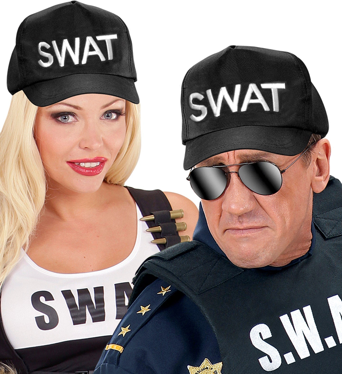Adjustable black cotton SWAT police baseball cap with embroidered lettering.