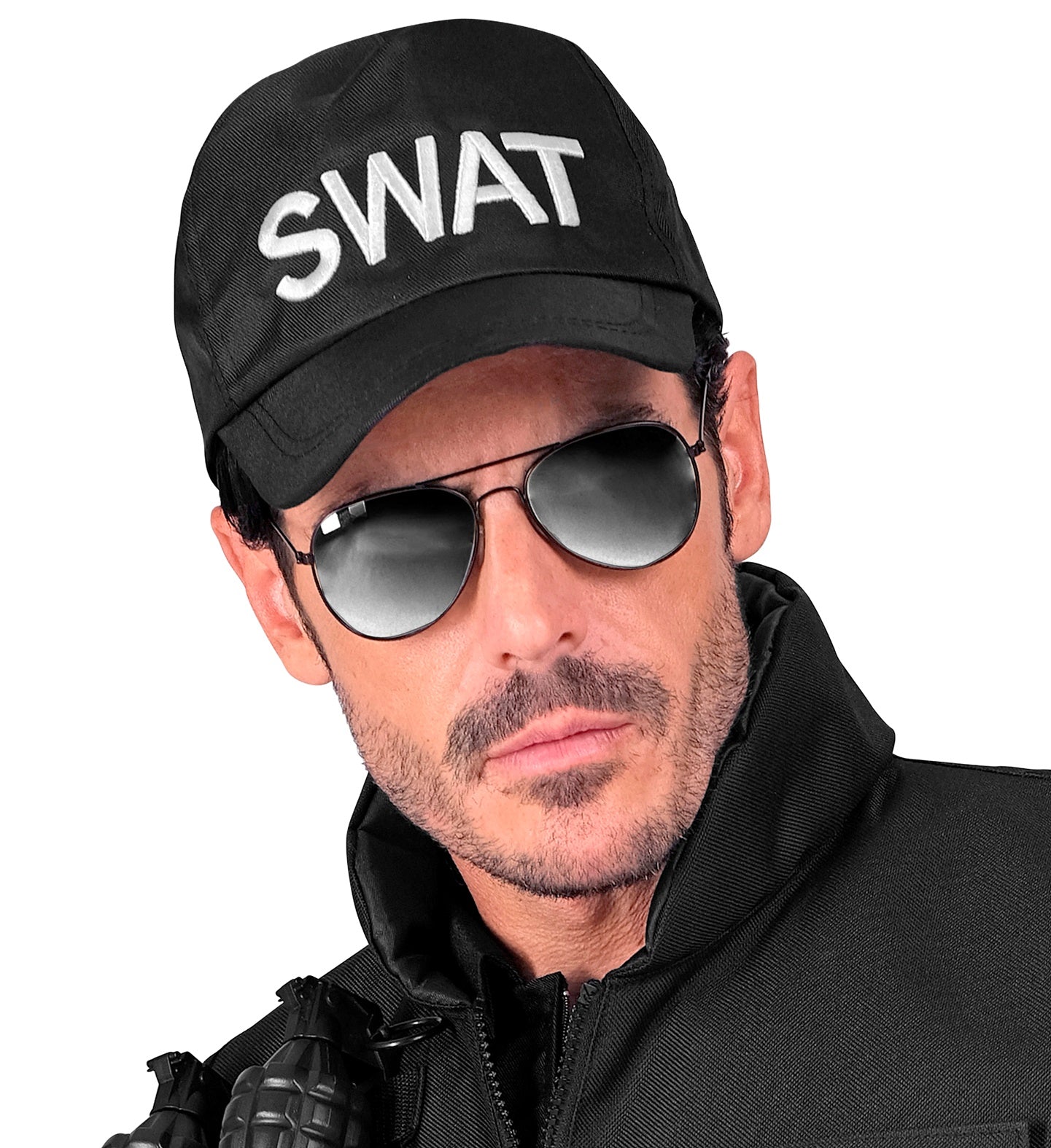 Black adjustable SWAT baseball cap with white embroidery on cotton fabric.