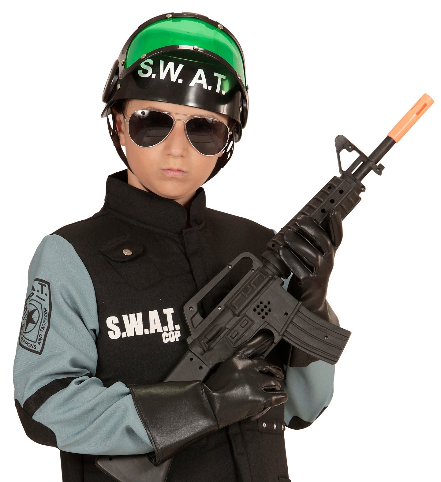 Kinder-SWAT-Helm aus Hartplastik mit grünem Visier.