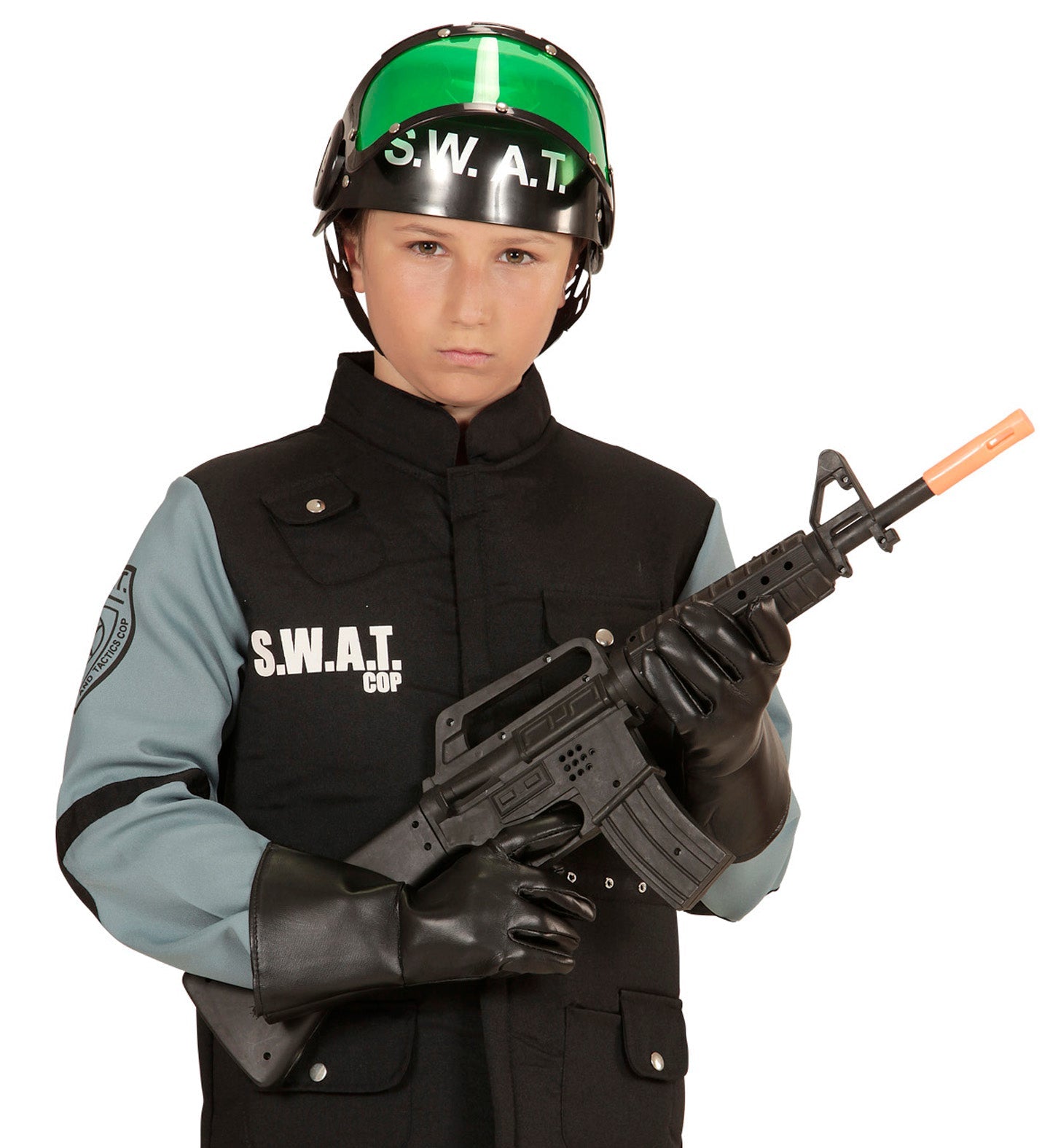 Kinder-SWAT-Helm aus Hartplastik mit grünem Visier.