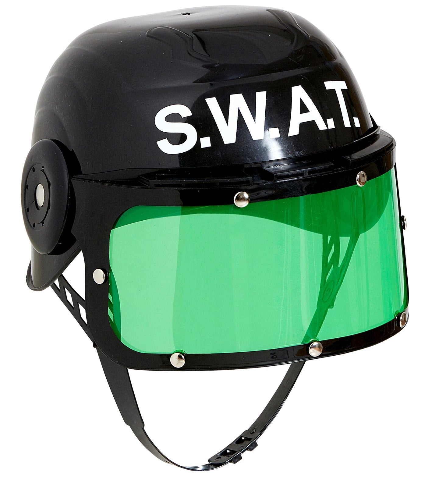 Schwarzer SWAT-Helm aus Hartplastik mit grünem Visier für Kinder.