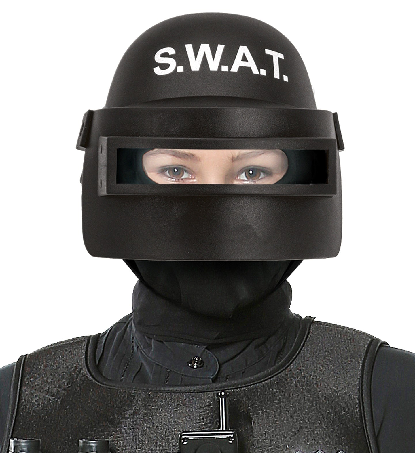 Schwarzer SWAT-Helm aus hartem Kunststoff für Kinder mit verstellbarem Kinnriemen.