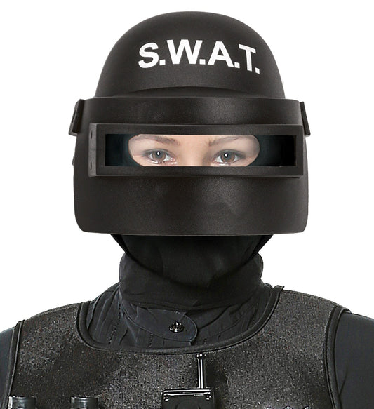 Schwarzer SWAT-Helm aus hartem Kunststoff für Kinder mit verstellbarem Kinnriemen.