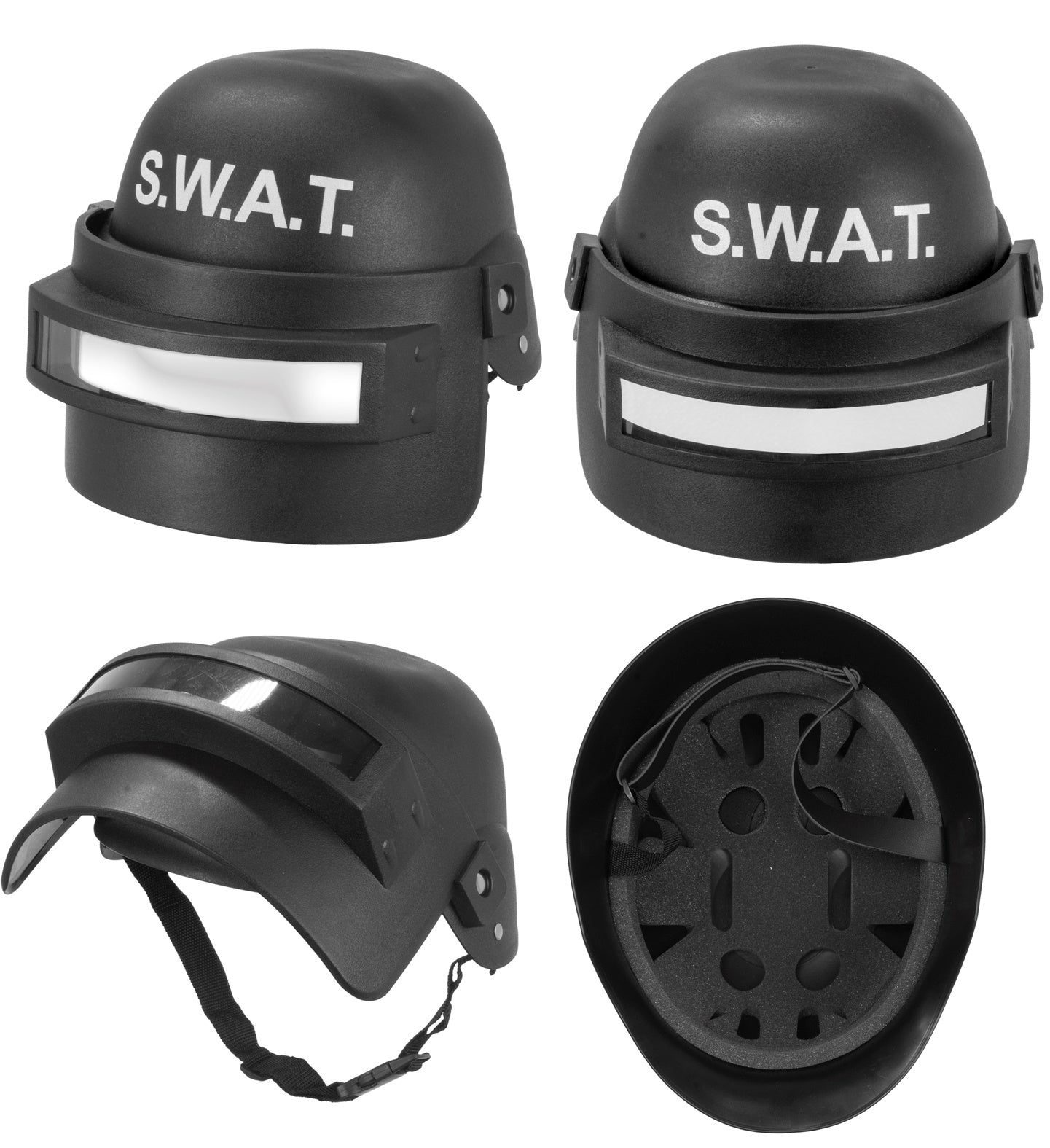 Schwarzer SWAT-Helm aus hartem Kunststoff für Kinder mit verstellbarem Kinnriemen und Lüftungsschlitzen.